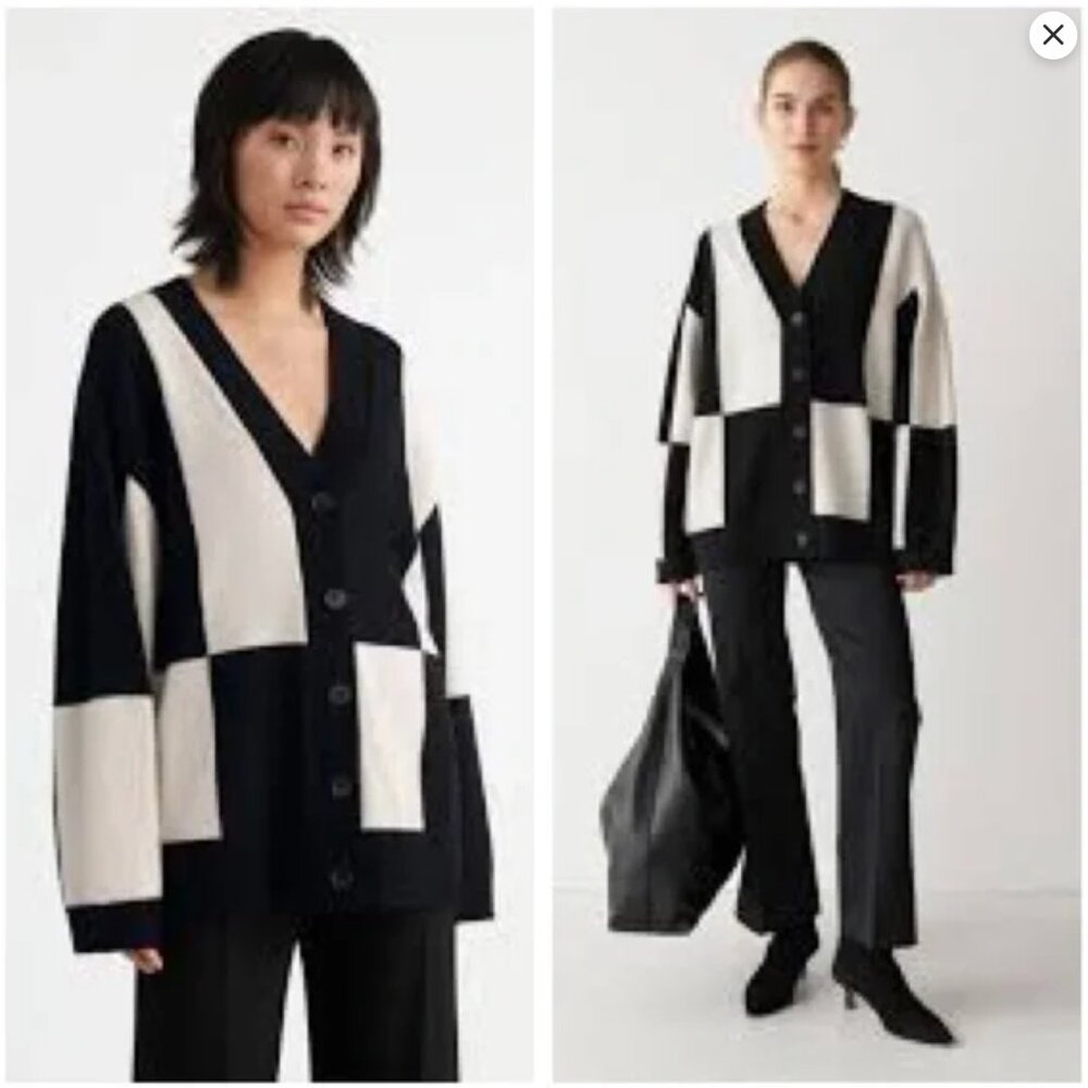 & Other Stories Black and Cream Checkered Cardigan Sz S